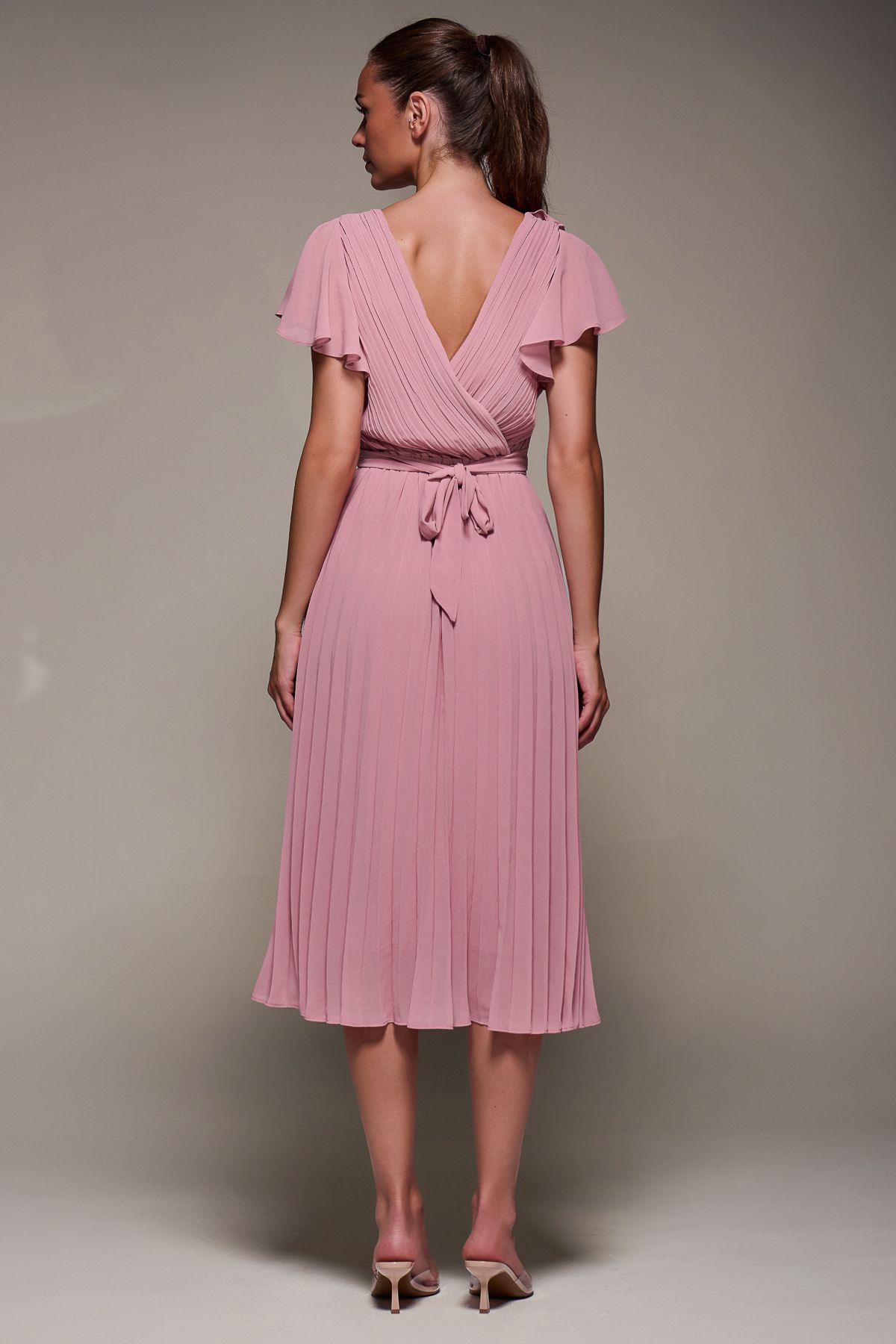 Jolie Moi Chiffon Pleated Ruffle Midi Dress