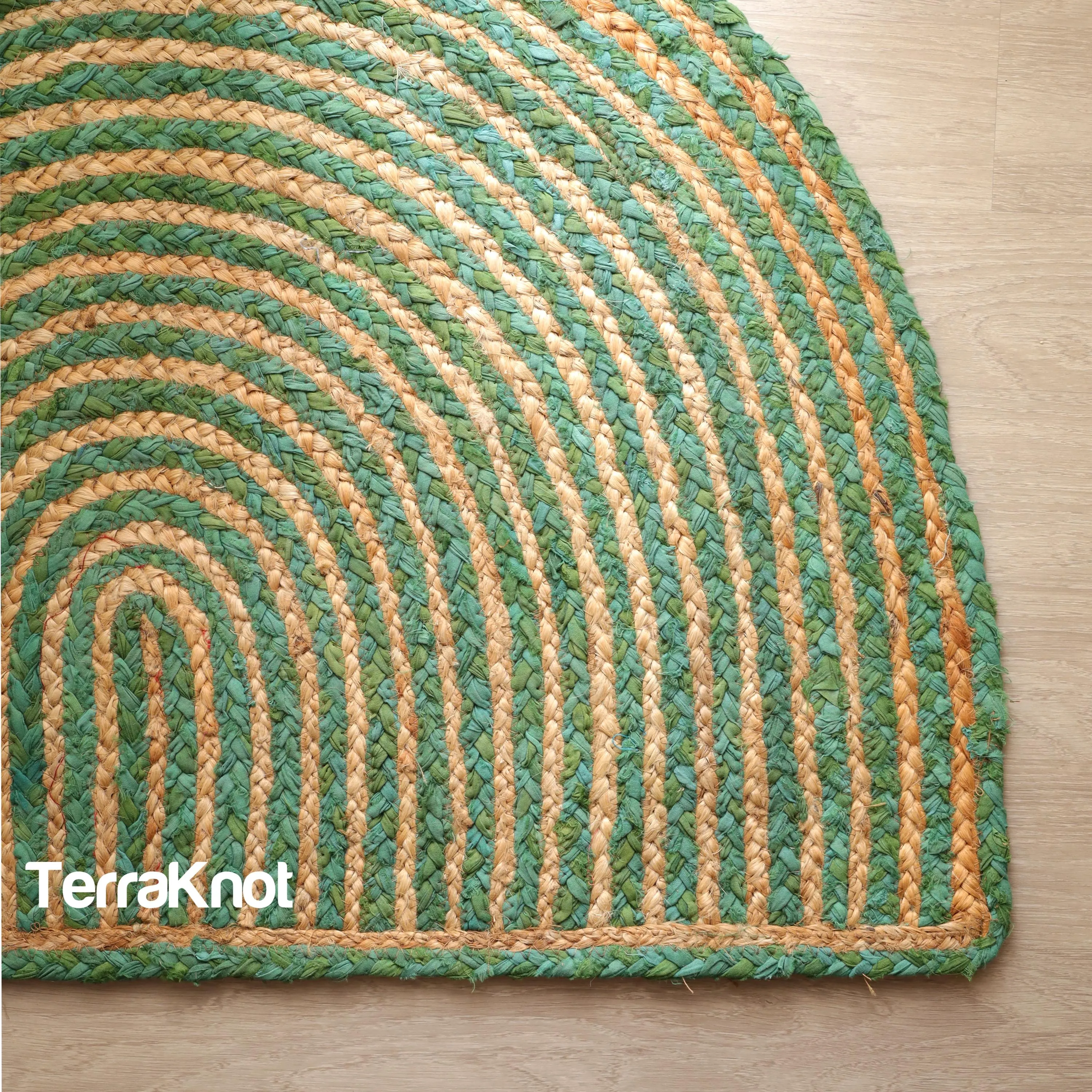 Handmade Half Moon Jute Rug – Green Braided Semi Circle Area Rug for Entryway, Boho Farmhouse Home Decor