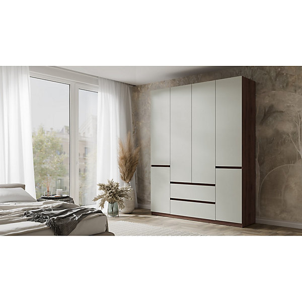 Armoire NUBIA 180 cm noyer et gris6 portes battantes avec 2 tiroirs