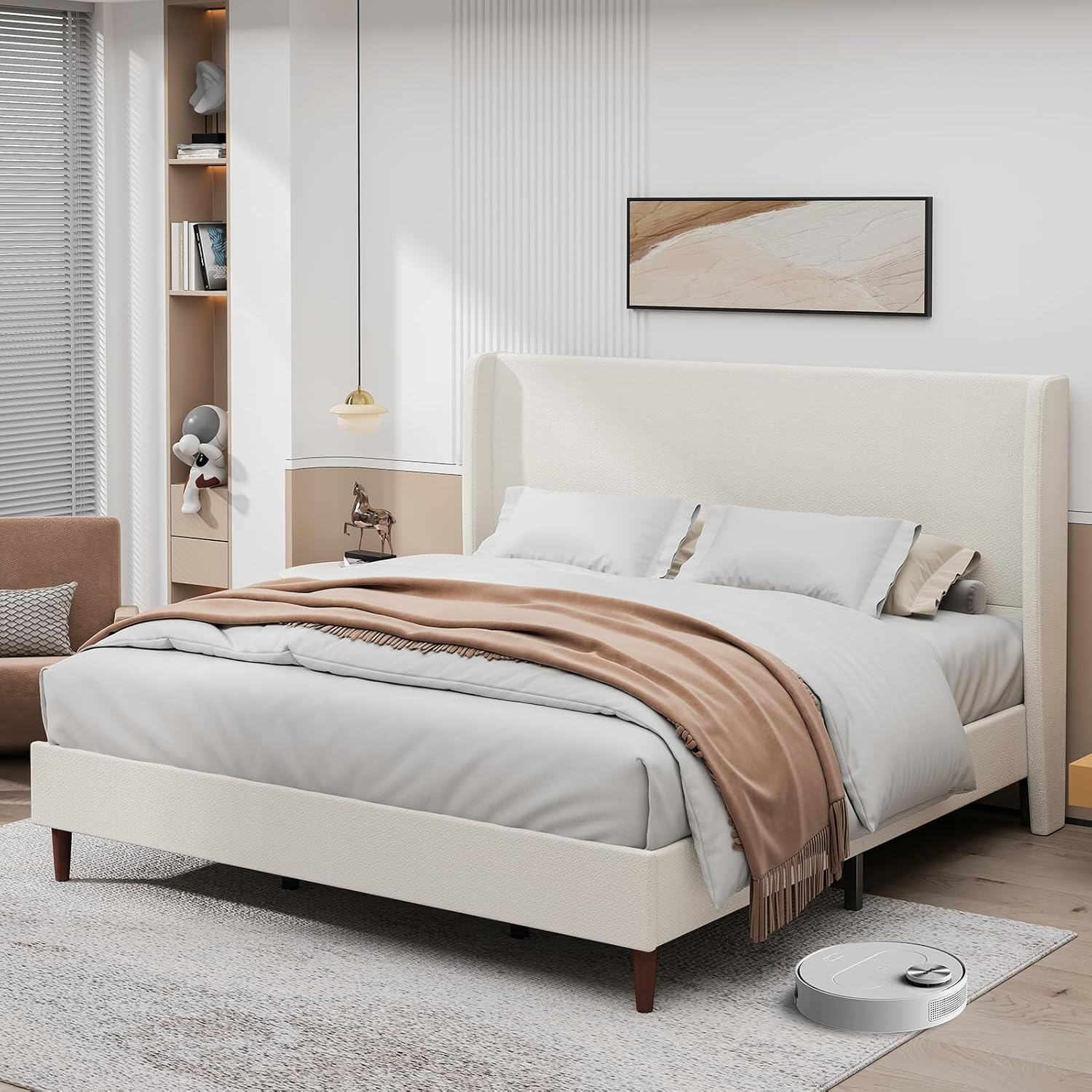 King Size Platform Bed Frame,Upholstered Bed Frame with Wing Side Headboard,Chenille Fabric,Strong Wooden Slat Support, No Box Spring Needed, Easy Assembly, Noise-Free,50.78 High,Light Beige