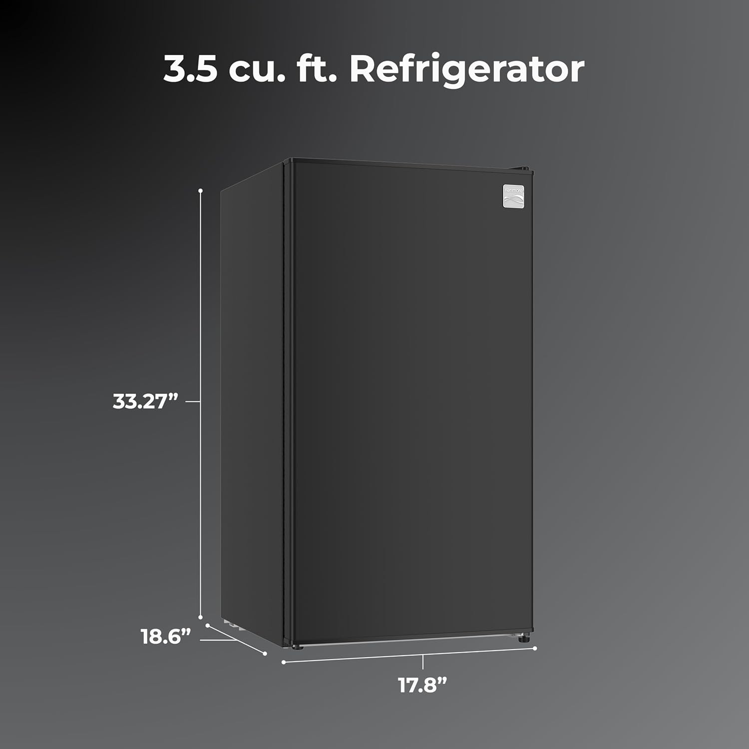 Kenmore 18 Compact Refrigerator with Chiller Compartment - Reversible Door, Adjustable Glass Shelves, ENERGY STAR Certified, 6 Can Rack, Interior Lighting, Freestanding, 3.5 cu. ft. Capacity - Black