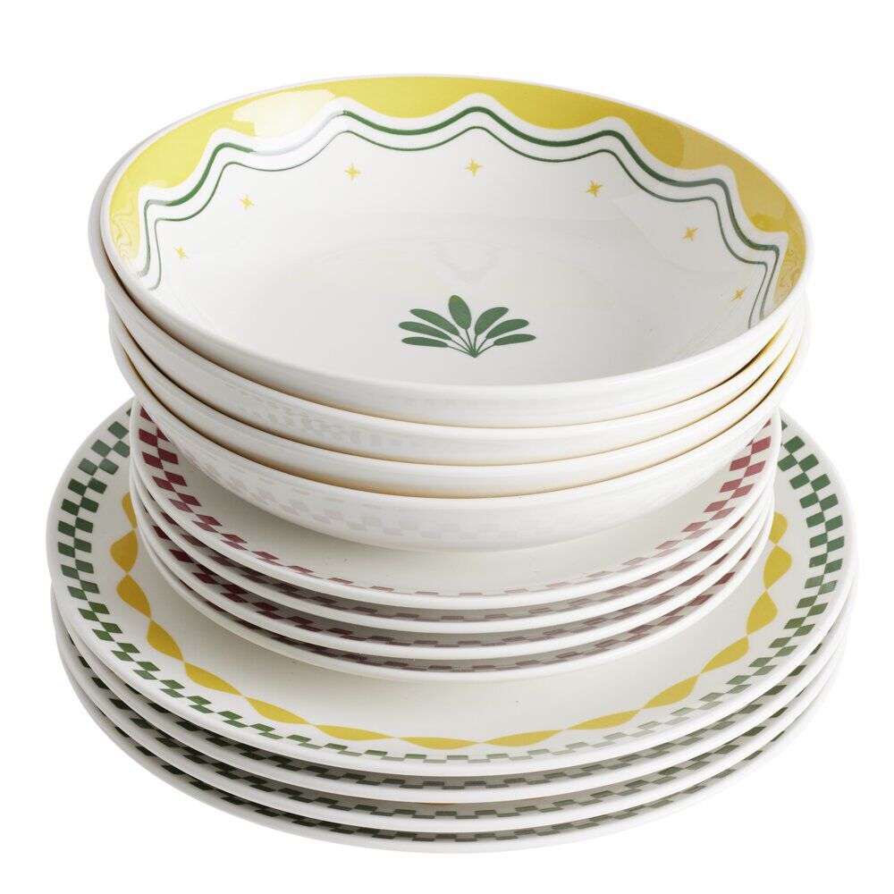 Service vaisselle 12 pièces motif Indie porcelaine blanche