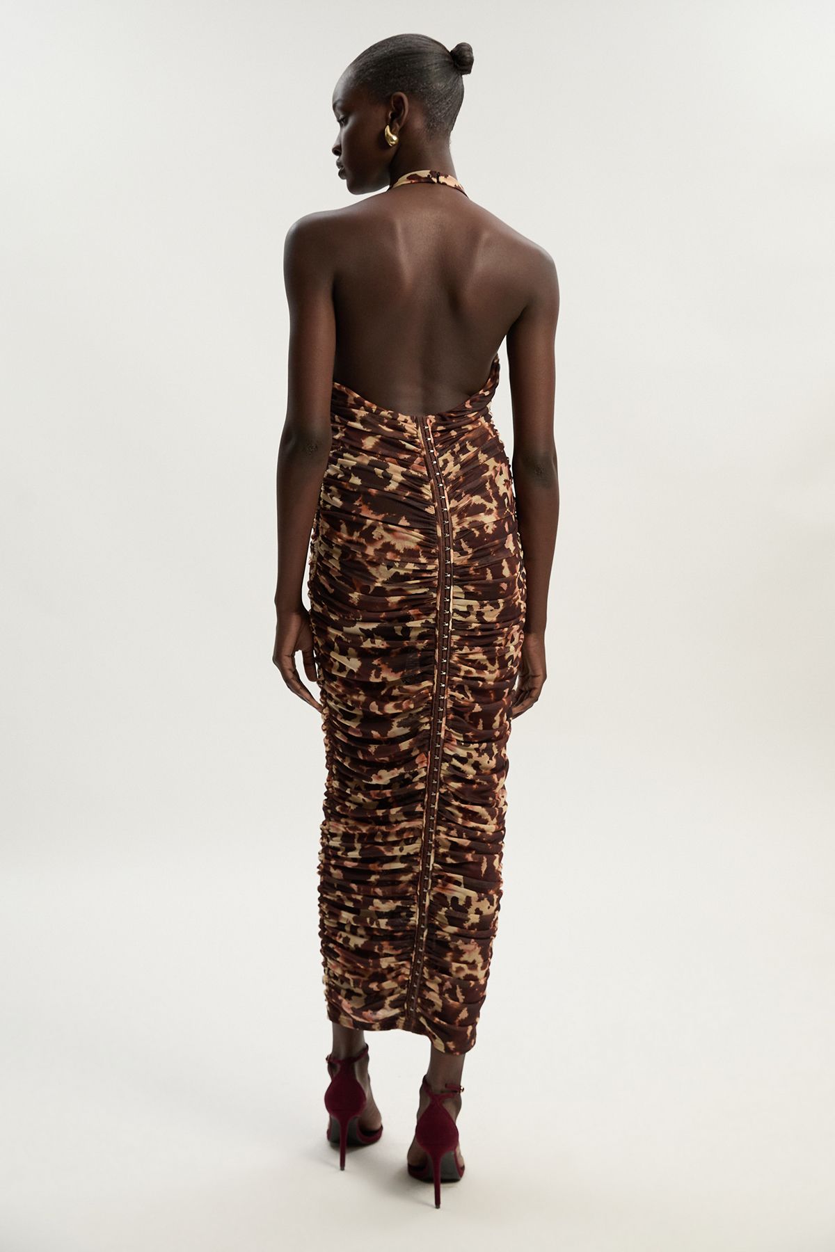 KarenMillen Leopard Print Plunge Halter Neck Mesh Midi Dress