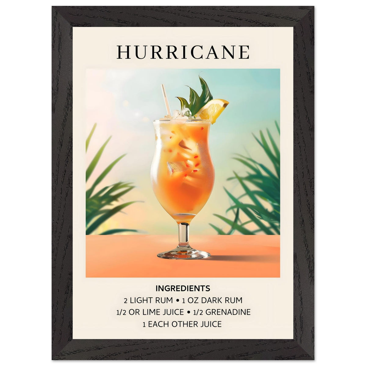 Artfulprints Poster met Lijst Hurricane cocktail - Ingrediënten  - A4 21x29.7 cm - Meerkleurig