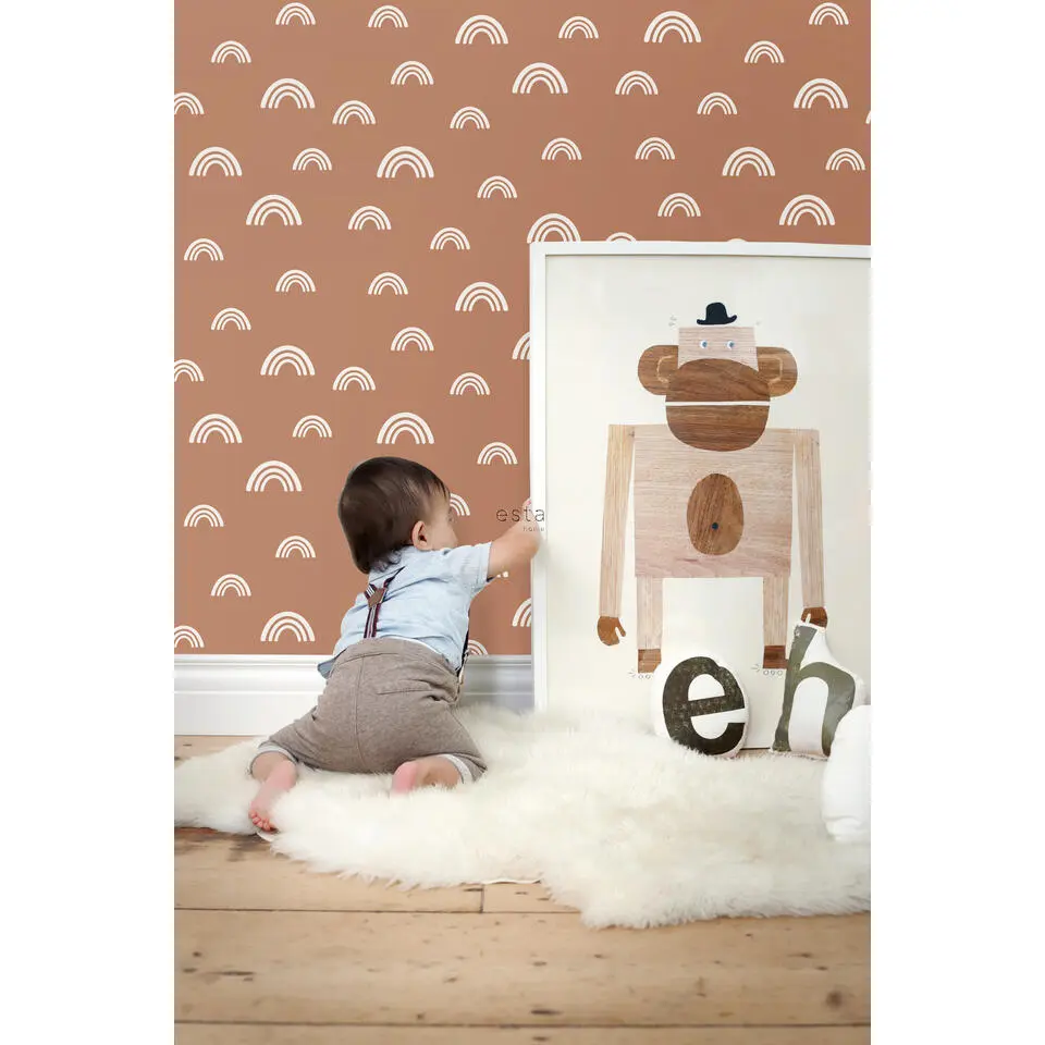 ESTAhome behang regenboogjes terracotta en wit - 53 cm x 10.05 m