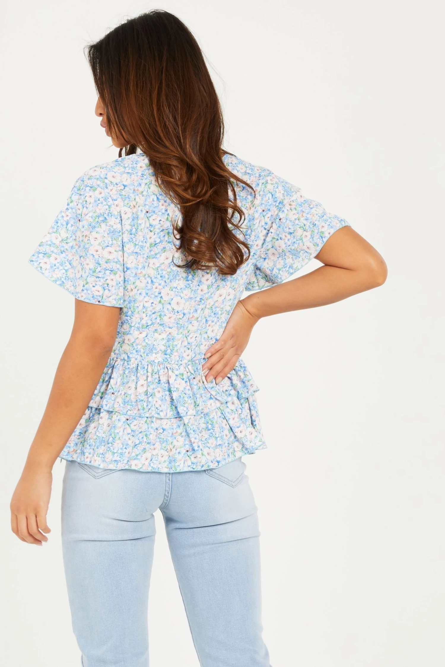 Quiz Blue Light Blue Polyester Flower Double Peplum Frill Top