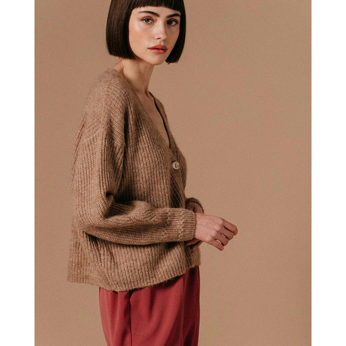 Cardigan  Lamia col V tricot en côtes perlées