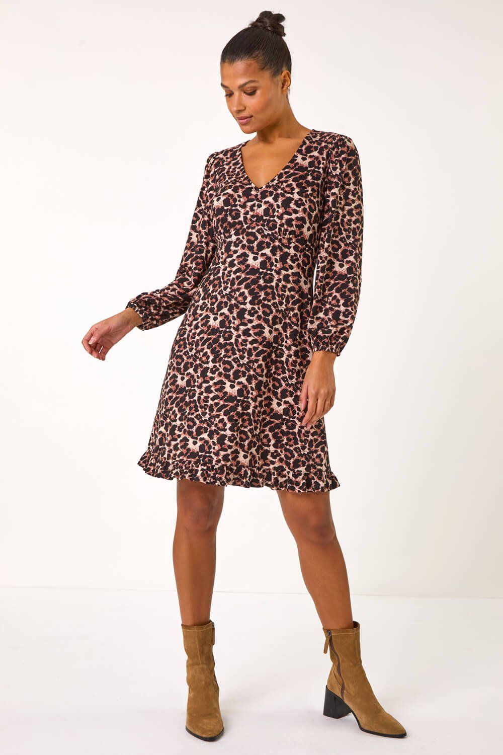 Roman Animal Print V-Neck Short Dress