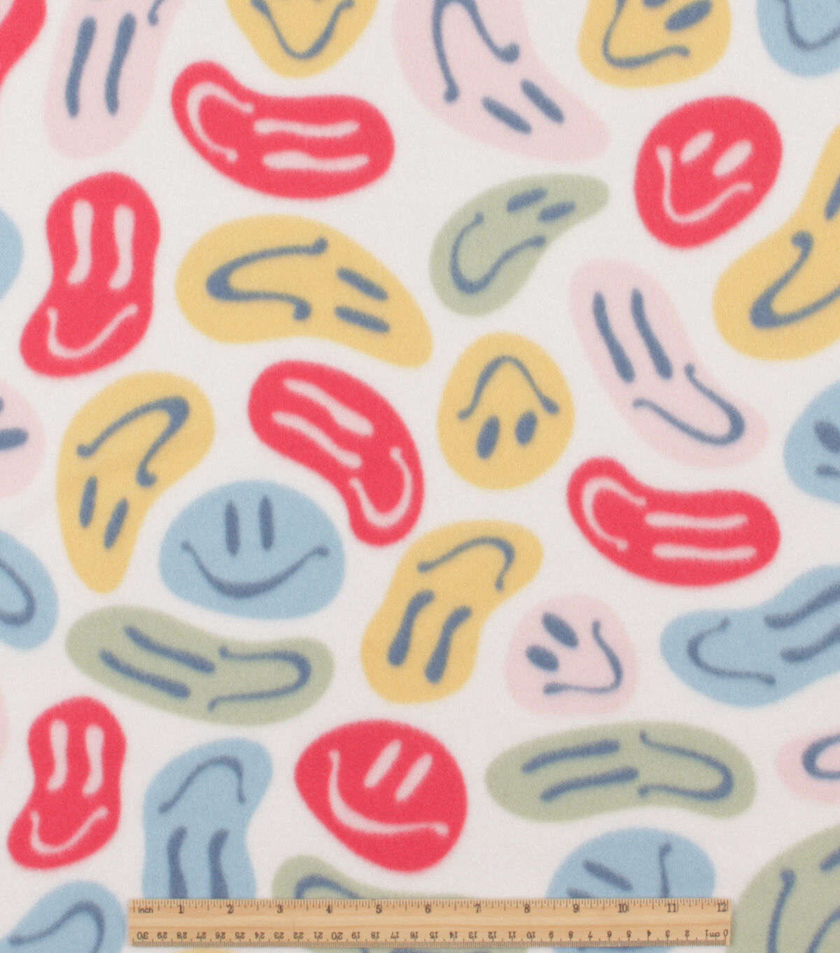 Smiley Face on White Blizzard Fleece Fabric