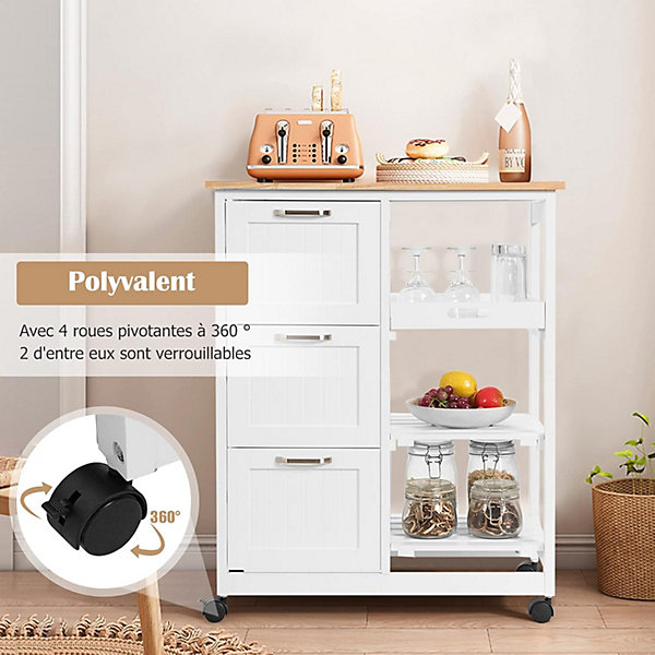 Desserte de Cuisine a roulettes avec 3 Tiroirs et 3 Niveaux Chariot de Cuisine en Bois avec 1 Plateau Amovible et Frein