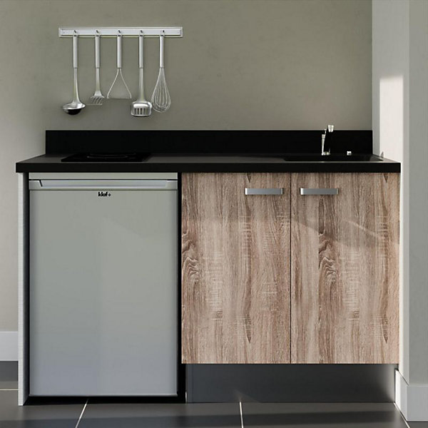 Kitchenette K17 - 140 cm - façades Bois - Plan monobloc en quartz coloris Nero évier à droite - Electroménager Inox