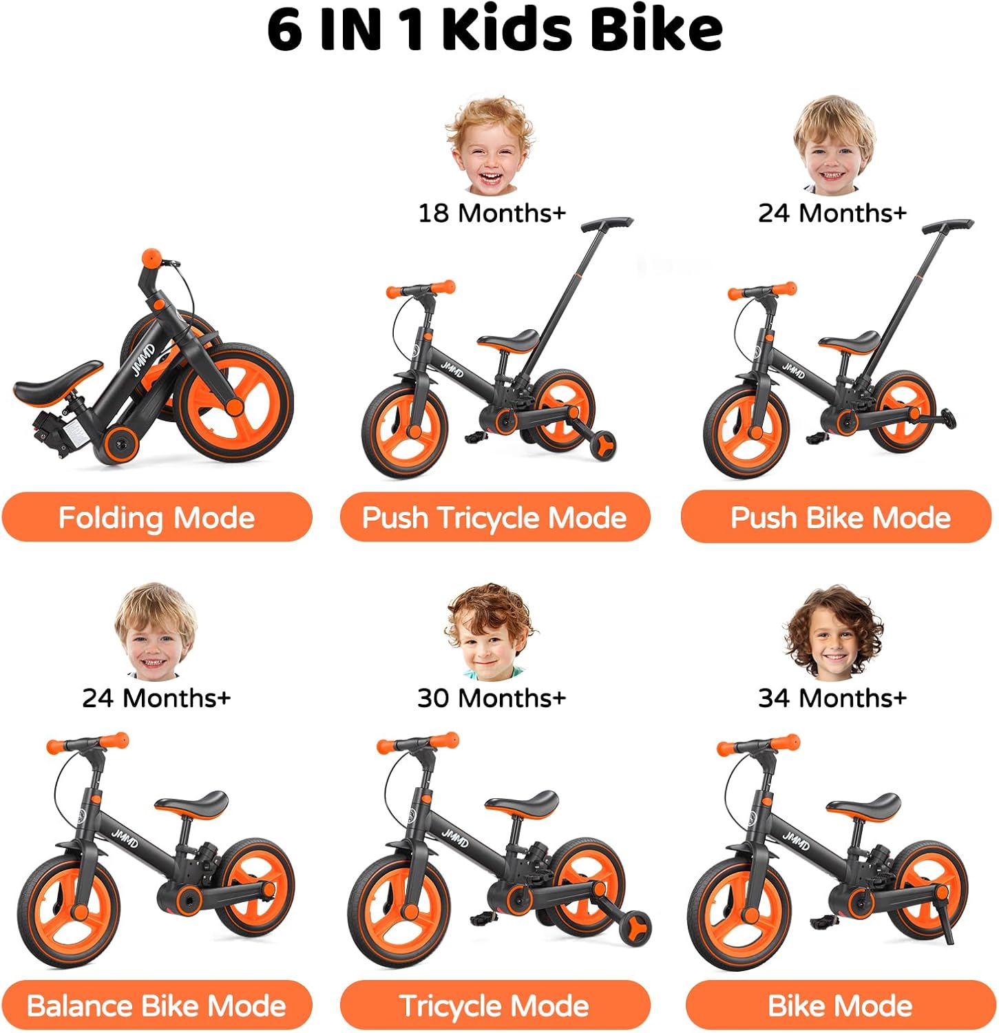 JMMD 6 in 1 Toddler Bike with Push Handle for Kids 18-60 Months, 12 Foldable Balance Bike with Training Wheels, Pedals, Brakes, Kickstand, Push Tricycle Toddler Gift & Toys for Boy & Girl