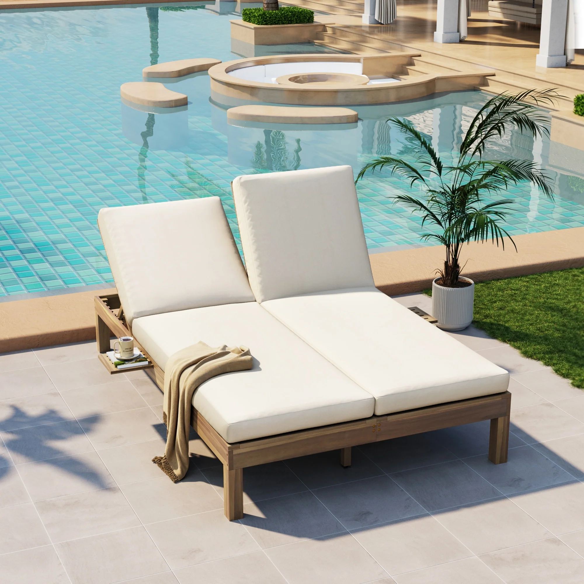 Elegant 5-Position Adjustable Double Chaise Lounge with Side Table by Leisure Zone