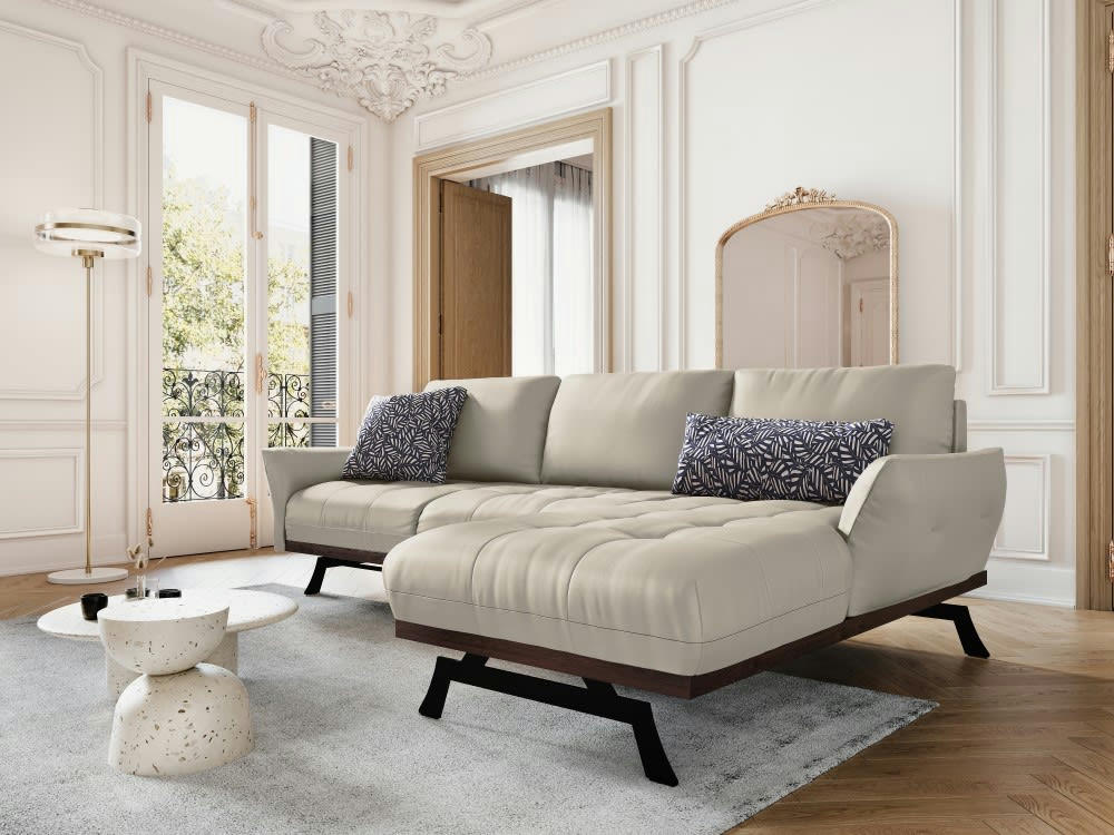 OLIVIER - Canapé d'angle 4 places en cuir gris clair