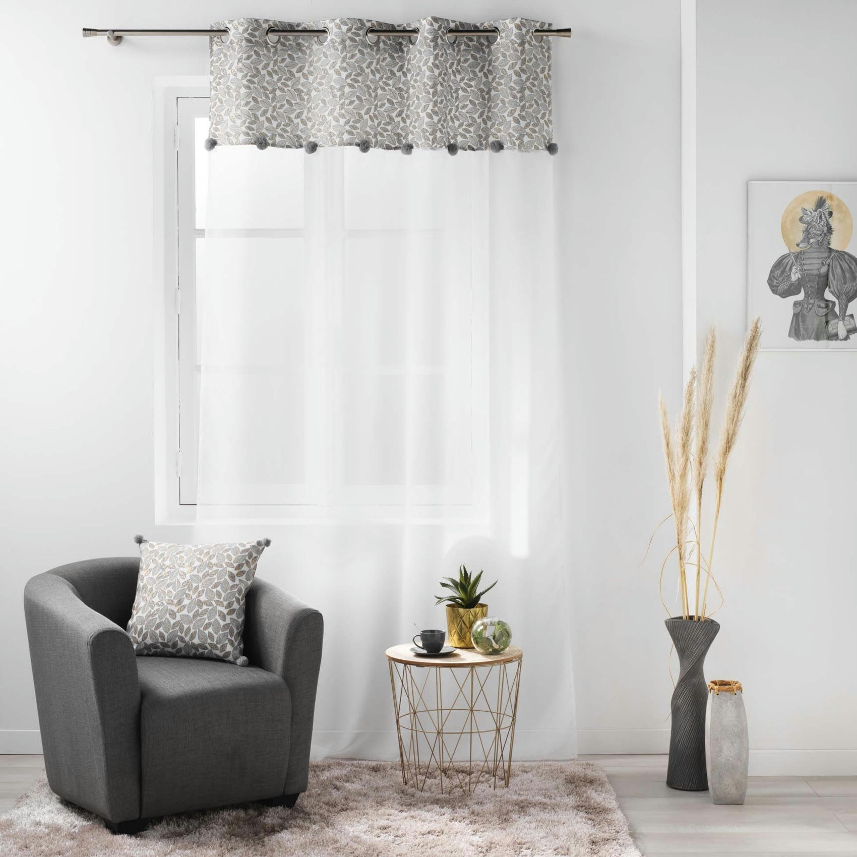 - Voilage sablé avec top à pompons ronds polyester blanc 140x240 cm