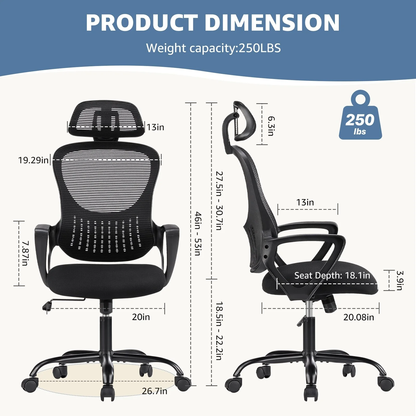 Mesh Rolling Work Chairs with Wheels, Home Office Desk Chairs with Adjustable Headrests, Ergonomic Computer Desk Chair - N/A