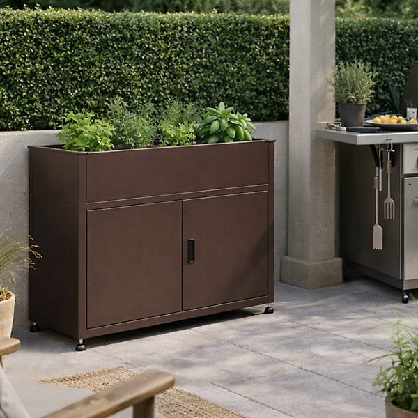 Armoire de jardin avec jardinière intégrée en acier galvanisé marron idéal balcon et terrasse