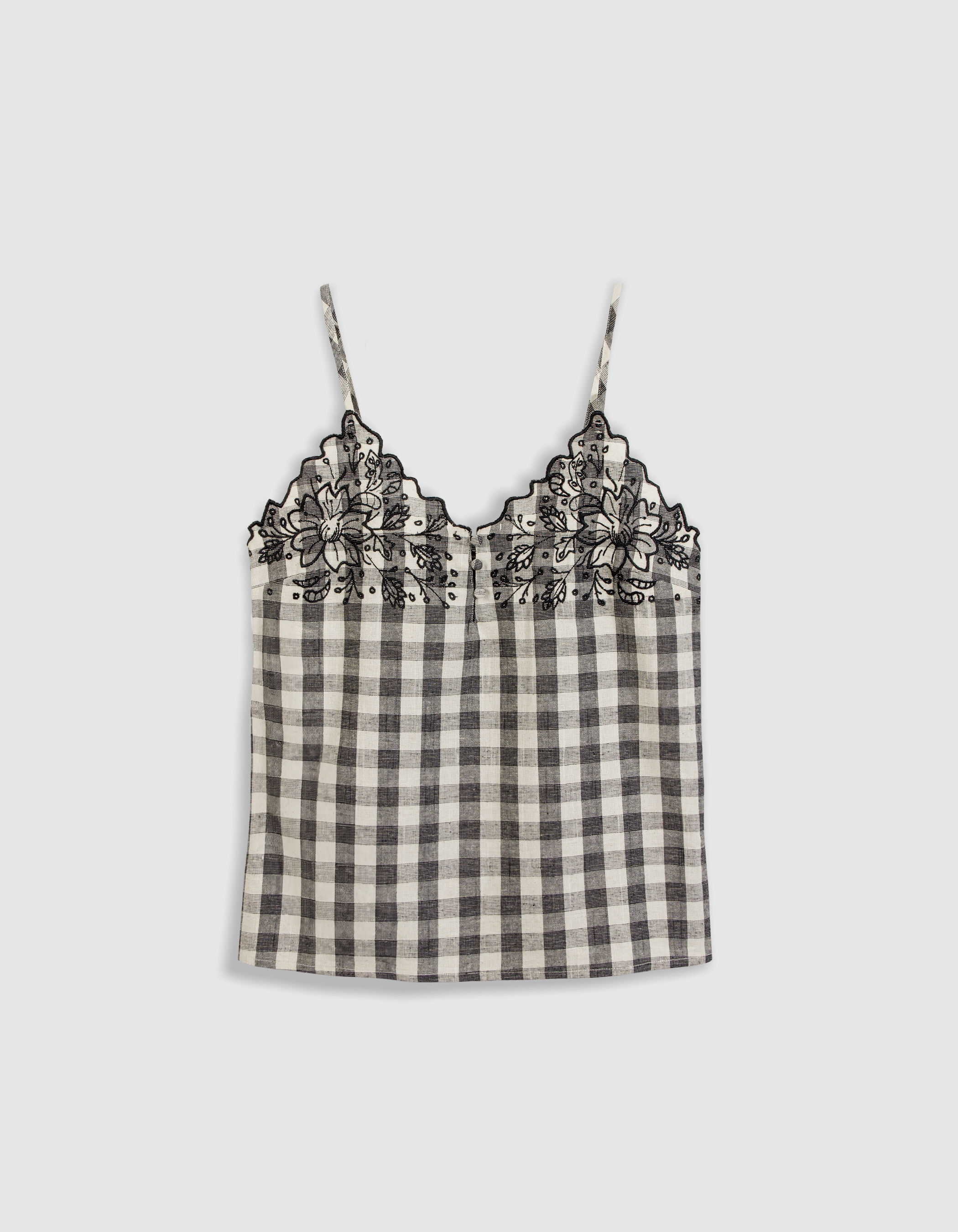 Top fines bretelles écru motif vichy et broderies Femme