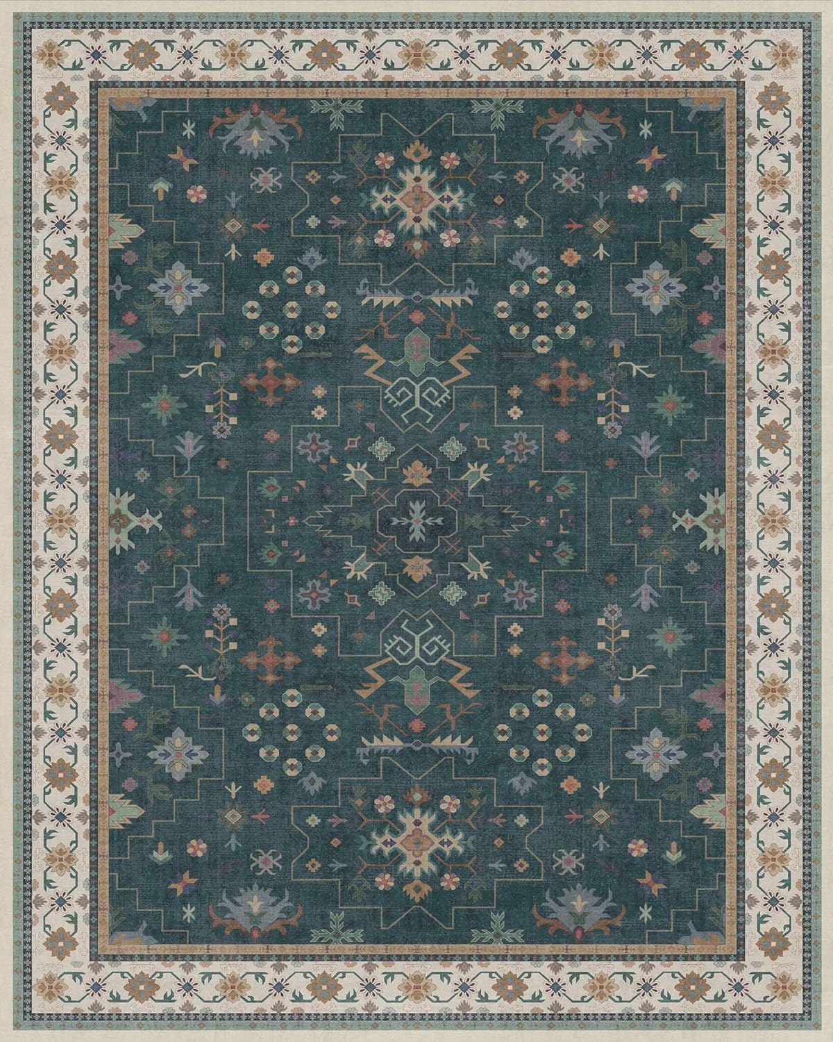 Hazo Haus Dark Green Vintage 8x10 Washable Rugs for Living Room - Dark Academia Victorian Floral Geometric Bedroom Rug, Ultra Soft Thin Low Pile Non-Slip Large Rugs for Dining Room Under Table Lounge