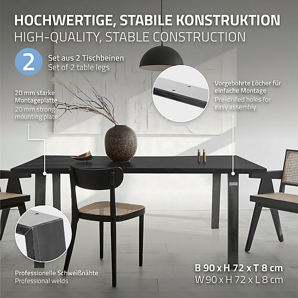 Lot de 2 pieds de table ML-Design loft forme de U 90x72 cm industriel acier revêtu par poudre