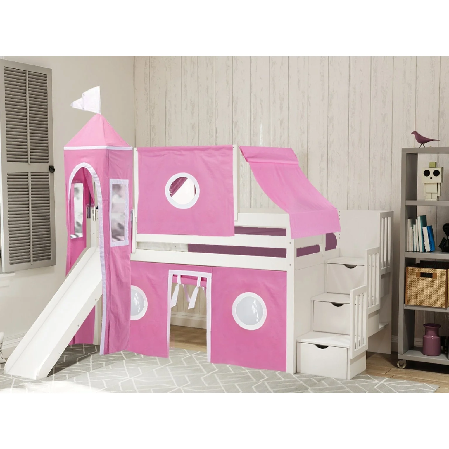 JACKPOT Prince & Princess Low Loft Twin Bed, Stairs Slide Tent & Tower
