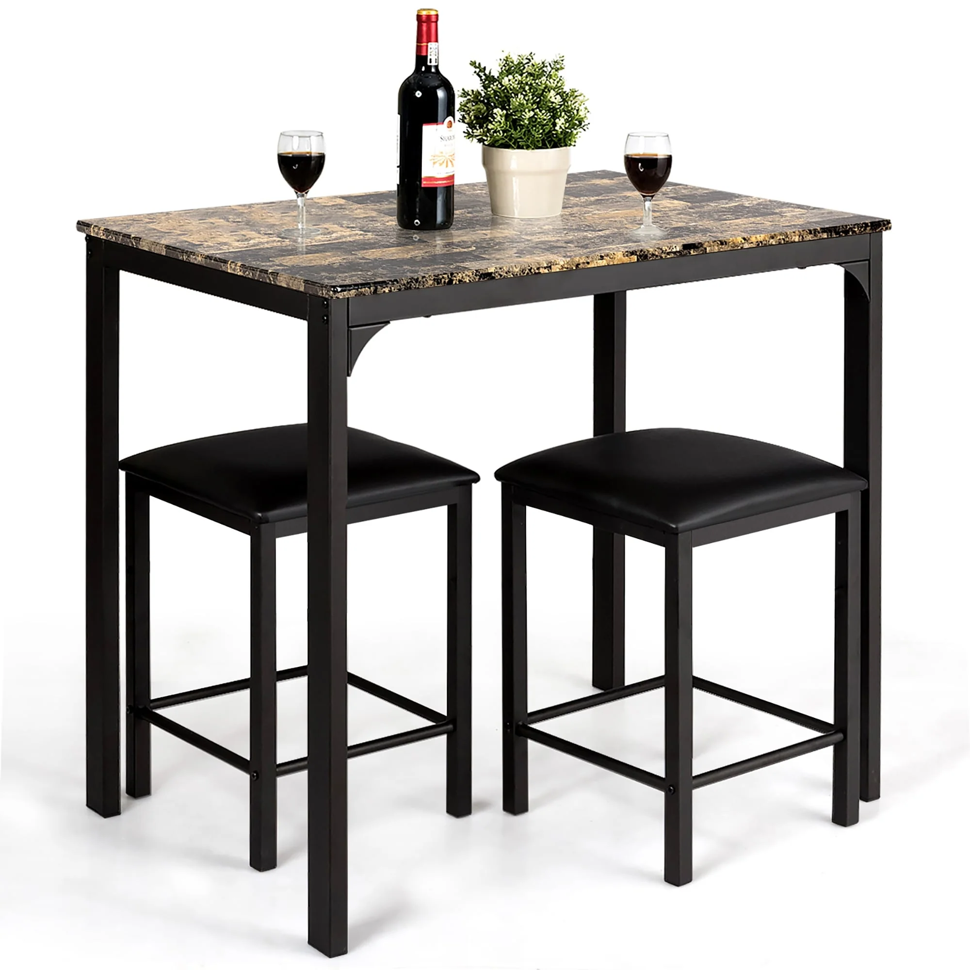Costway 3 Piece Counter Height Dining Set Faux Marble Table 2 Chairs