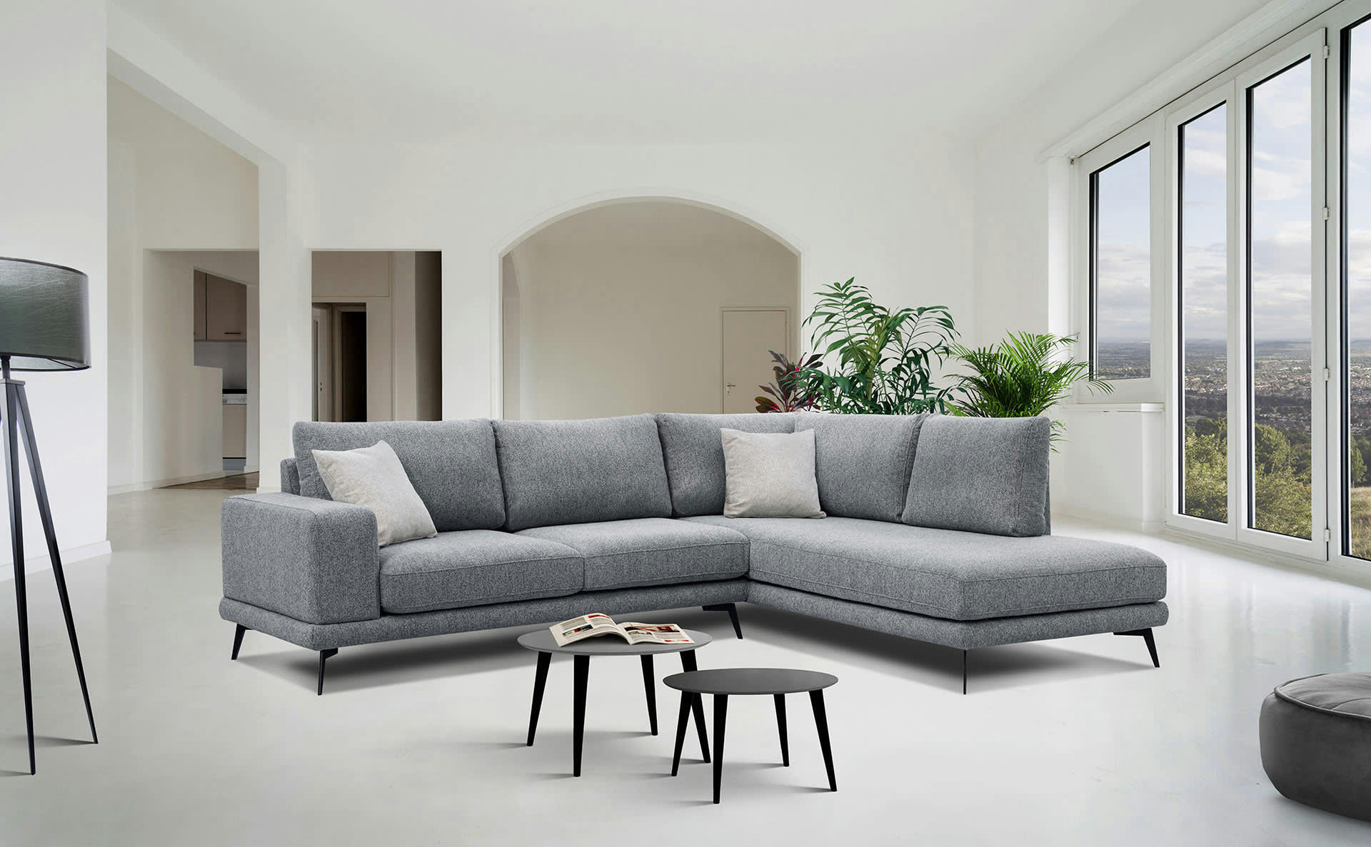 MEDIOLANE - Canapé d'angle droit 5 places tissu gris