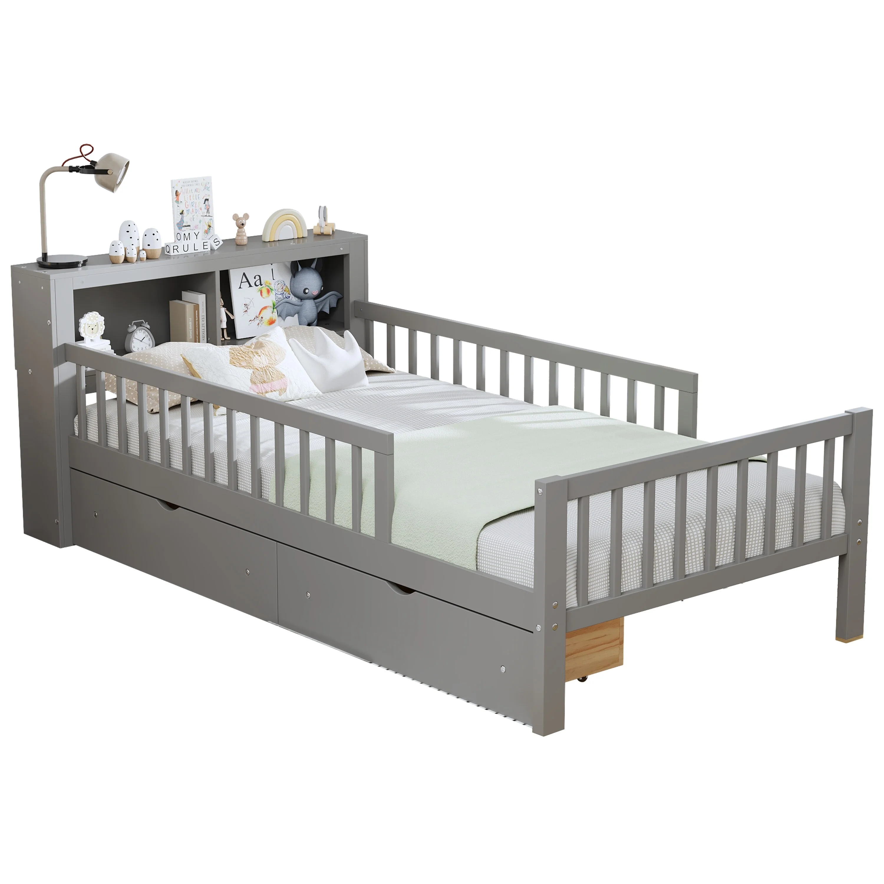 Safe Kids Bed Platform Bed Twin Size Wood Bed Frame with Storage Headboard and 2 Drawers Under, 3-Side Guardrails for Boys Girls