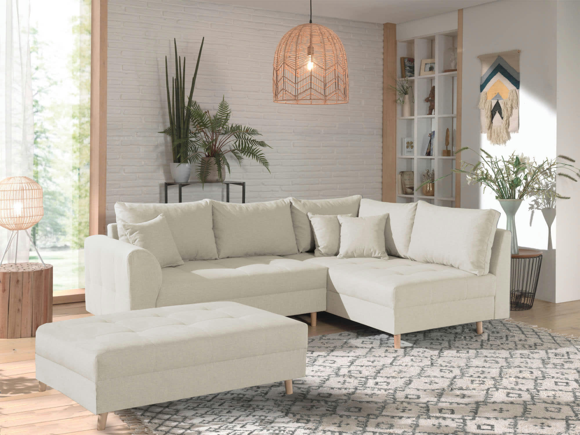 RUNE - Canapé d'angle droit convertible 4 places en tissu beige