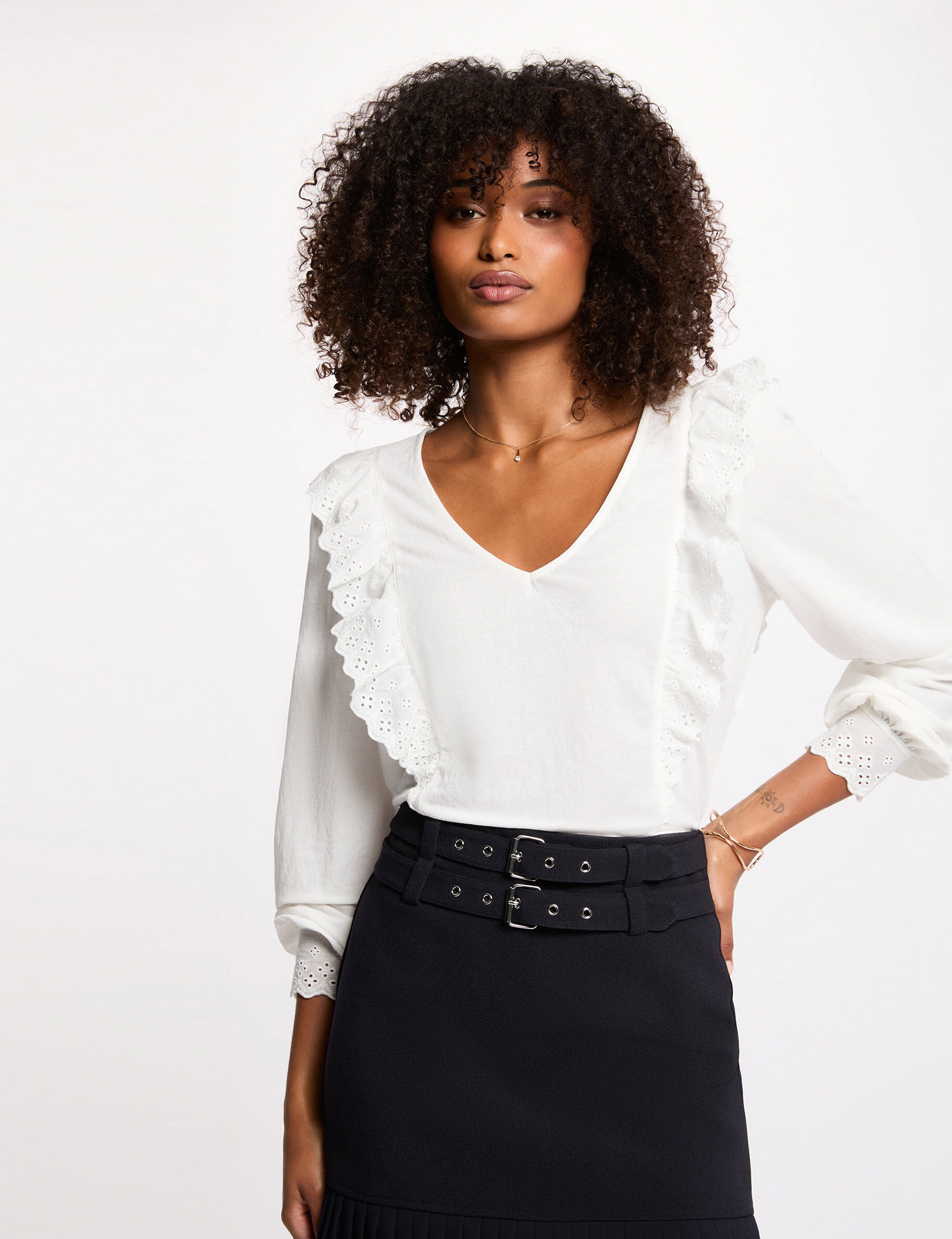 Embroidered V-Neck T-Shirt White Women