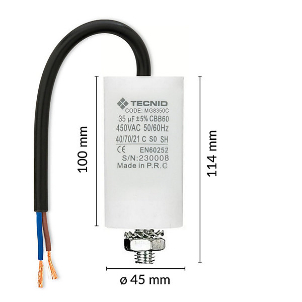 Condensateur de démarrage pour moteurs électriques, 450V, capacité : 35 microfarad, avec câble de 15cm