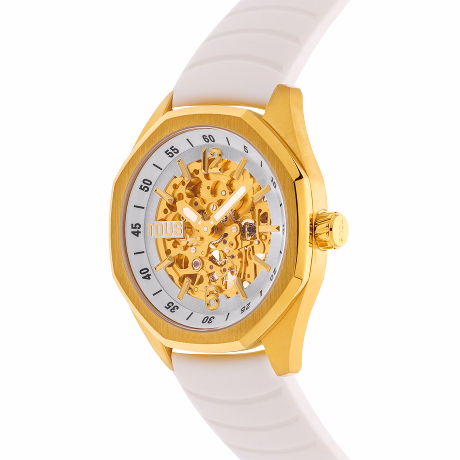 Reloj analógico automático con caja de acero IPG dorado y brazalete de silicona blanca TOUS Now