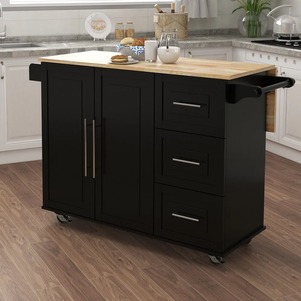 Kitchen Island with Spice Rack and Extensible Solid Wood Table Top