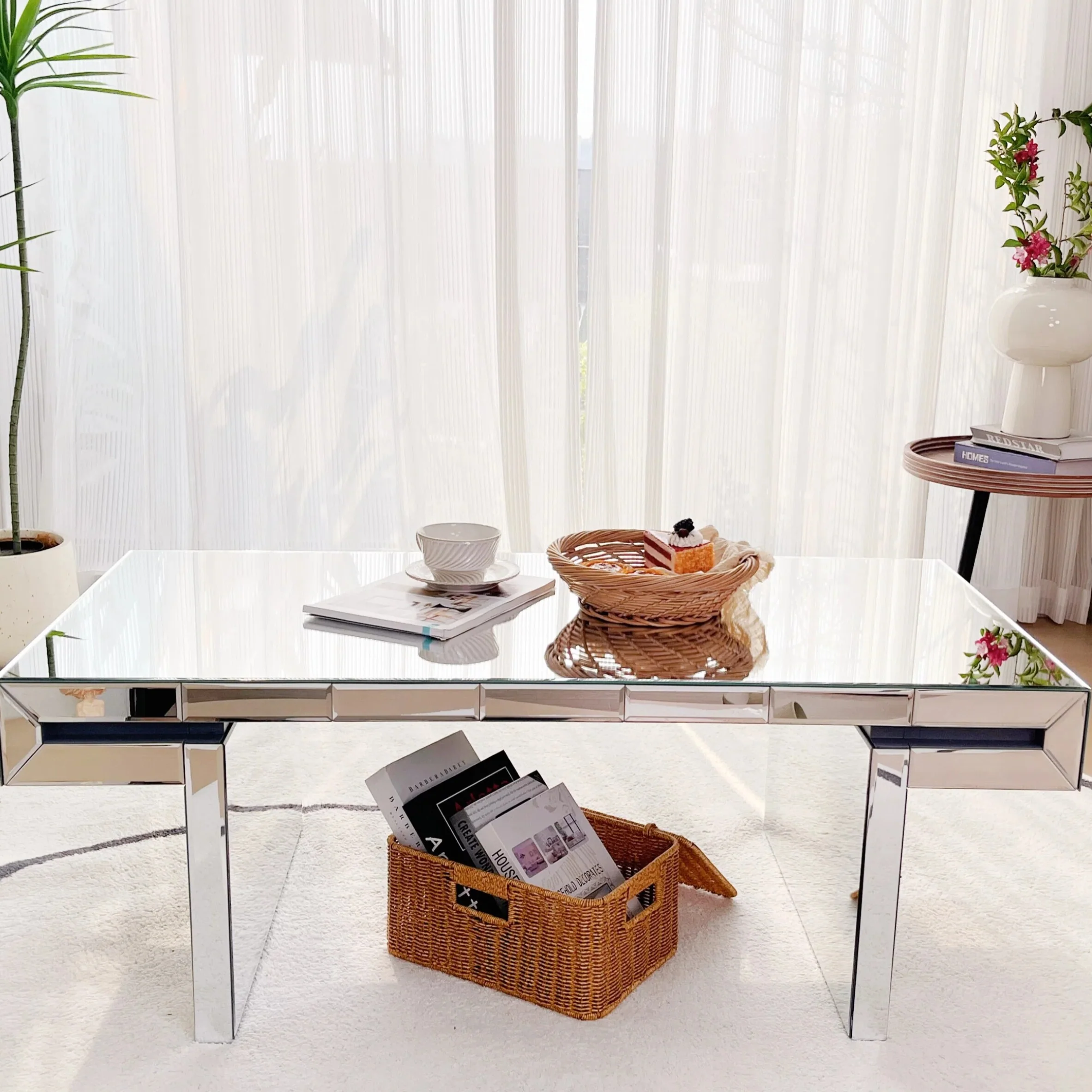 47 Inches Luxury Rectangular Mirror Coffee Table with Fluted Tempered Glass, Modern Sofa Side Table, Reinforced Packaging