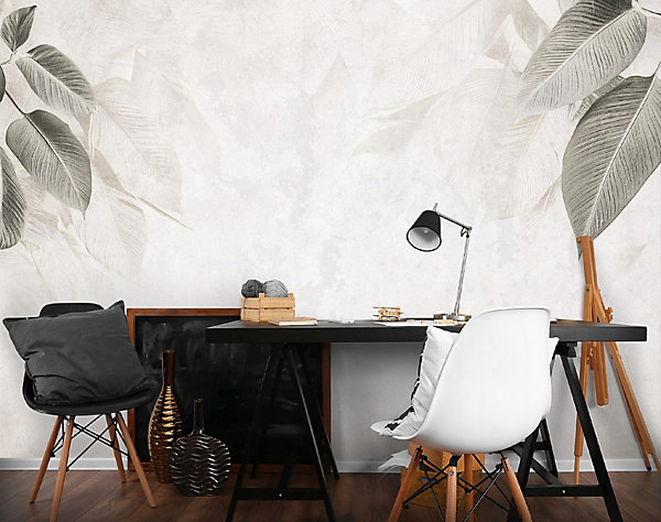 Papier Peint Panoramique Intissé Feuilles Béton 300x210 cm - Colle Inclus - Chambre et Salon - Moderne Papier Peint