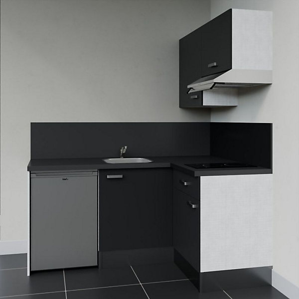 Kitchenette KA02 façades Noir - Plan de travail Noir texturé - Crédences : Oui - Evier inox - Electroménager Inox inclus