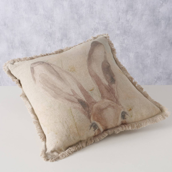 Poduszka dekoracyjna z frędzlami RABBIT, lniana, 45 x 45 cm