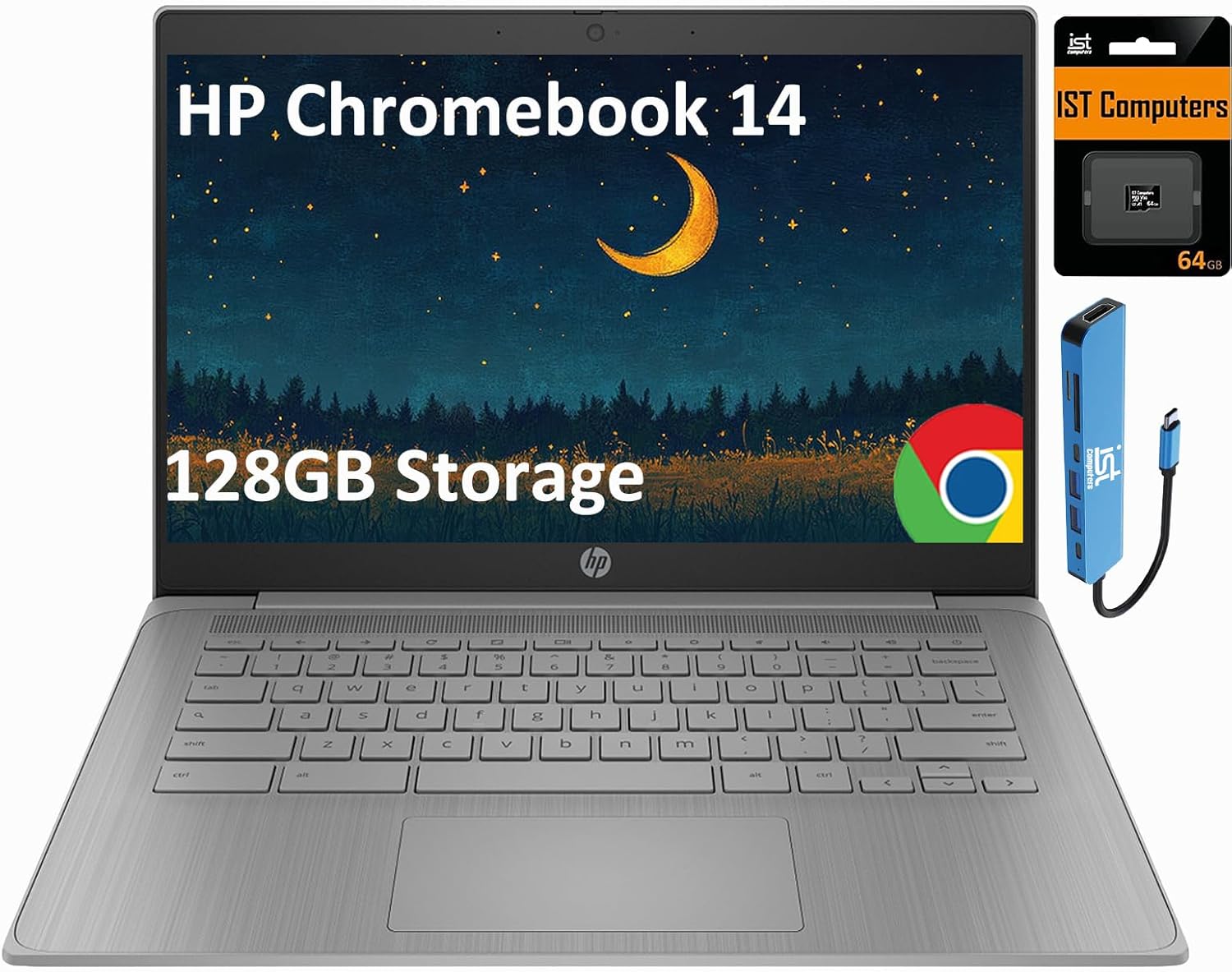 HP Chromebook 14 Laptop (14 Anti-glare  Intel 4-Core Celeron N4120  4GB RAM  128GB Storage (64GB+64GB SD)) for Home & Student  Lightweight  14-Hr Battery Life  Webcam  Wi-Fi  IST HUB  Chrome OS  Grey