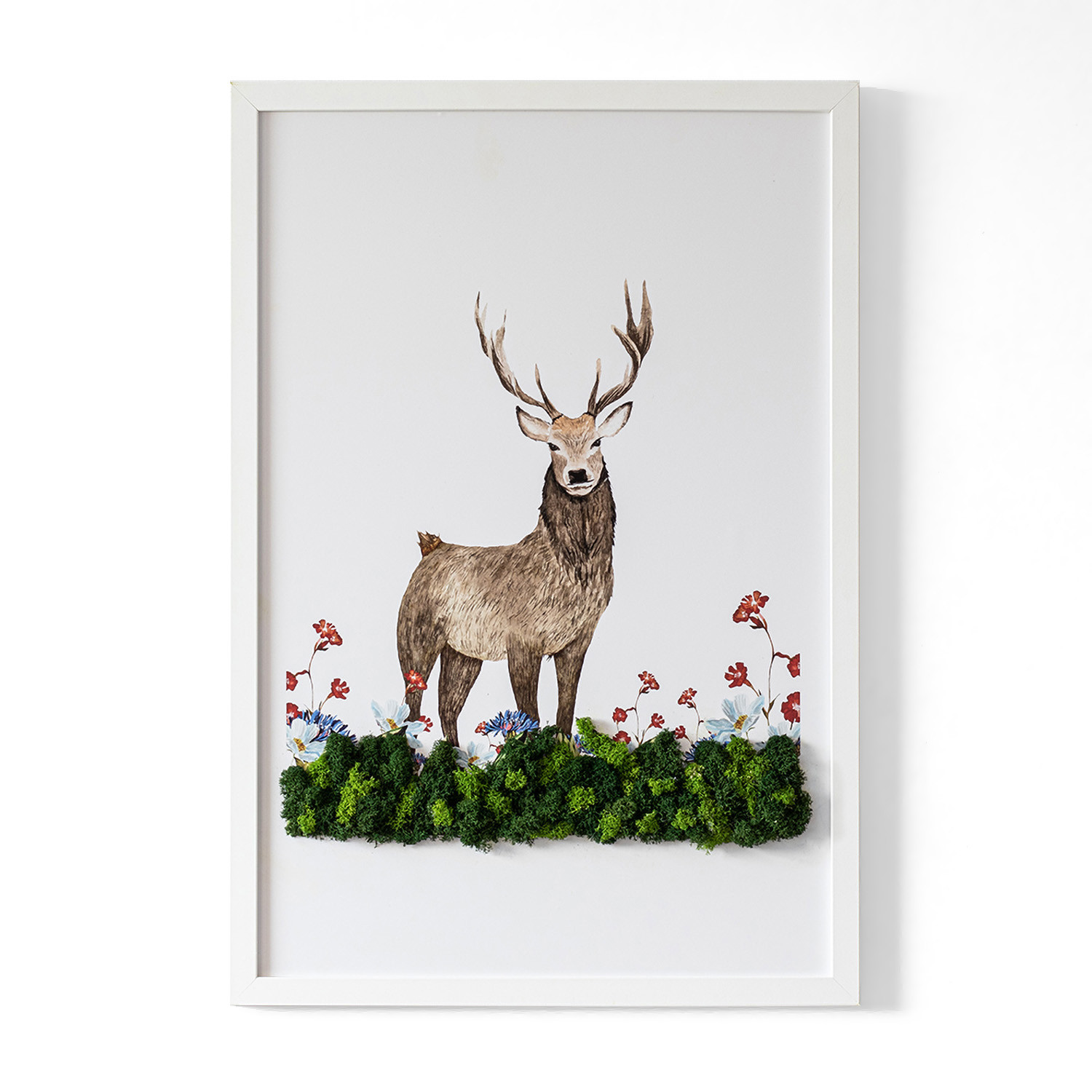 Obraz z mchem - Jeleń wśród kwiatów 40x60 cm Biała Rama