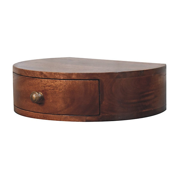 Artisan Furniture Bois massif miel caramel arrondi table de chevet à fixation murale, 1 tiroir, marron foncé