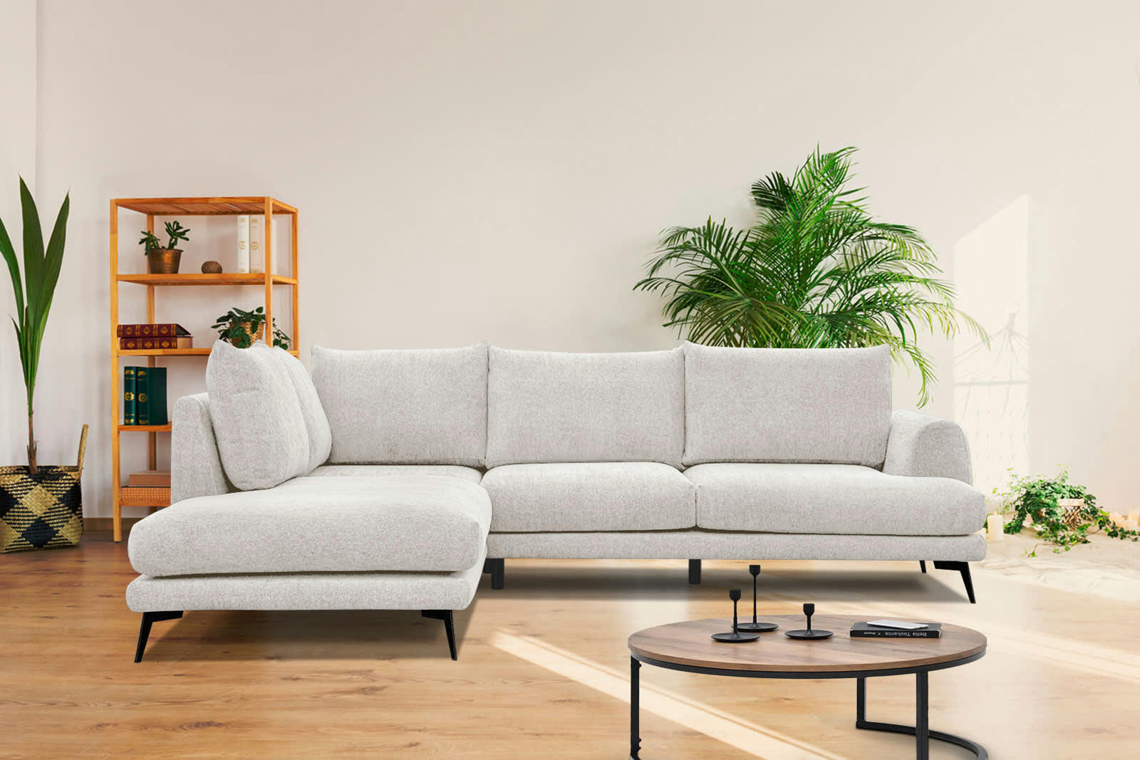 ADRIA - Canapé d'angle gauche 5 places tissu écru