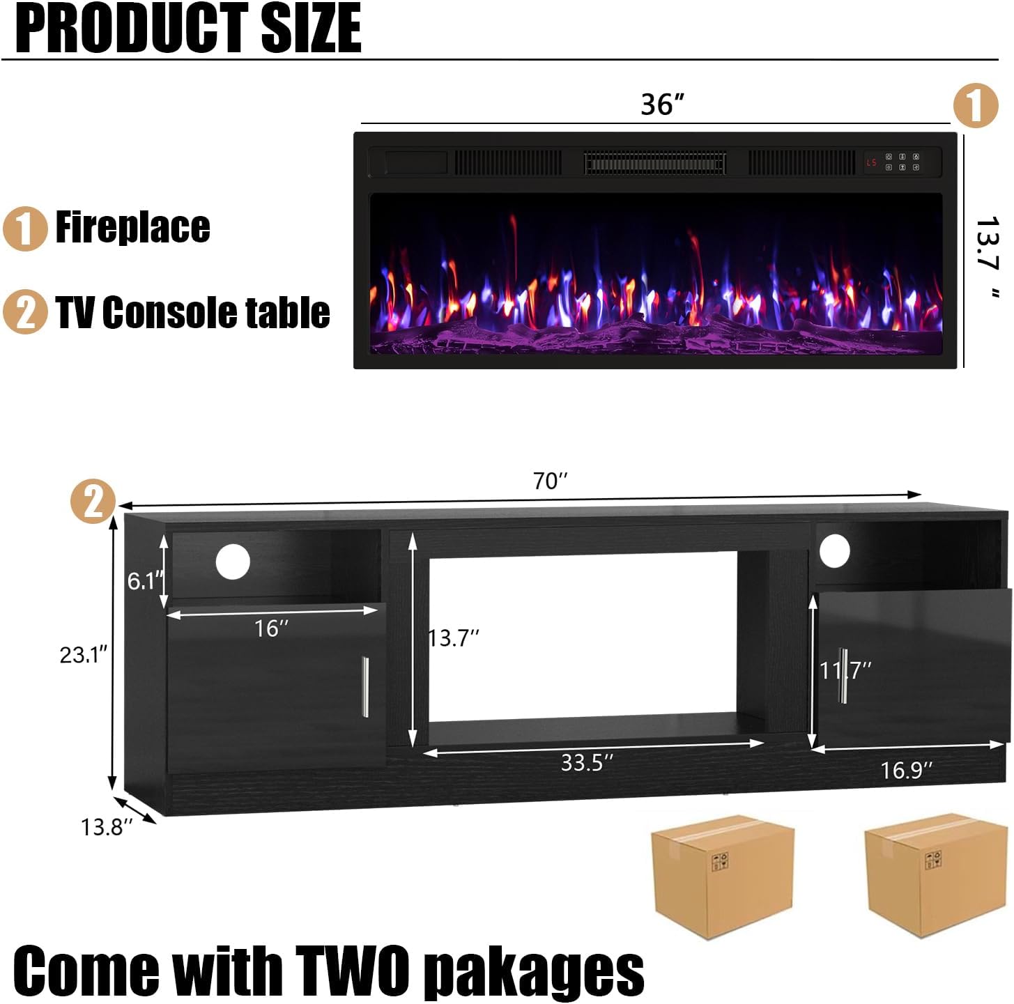 VITESSE Fireplace with TV Stand 36 inch Electric Fireplace Up to 80 TVs, LED Light Entertainment Center, 70 Modern Wood High Gloss with Highlight Storage Cabinet for Living Room (Black)