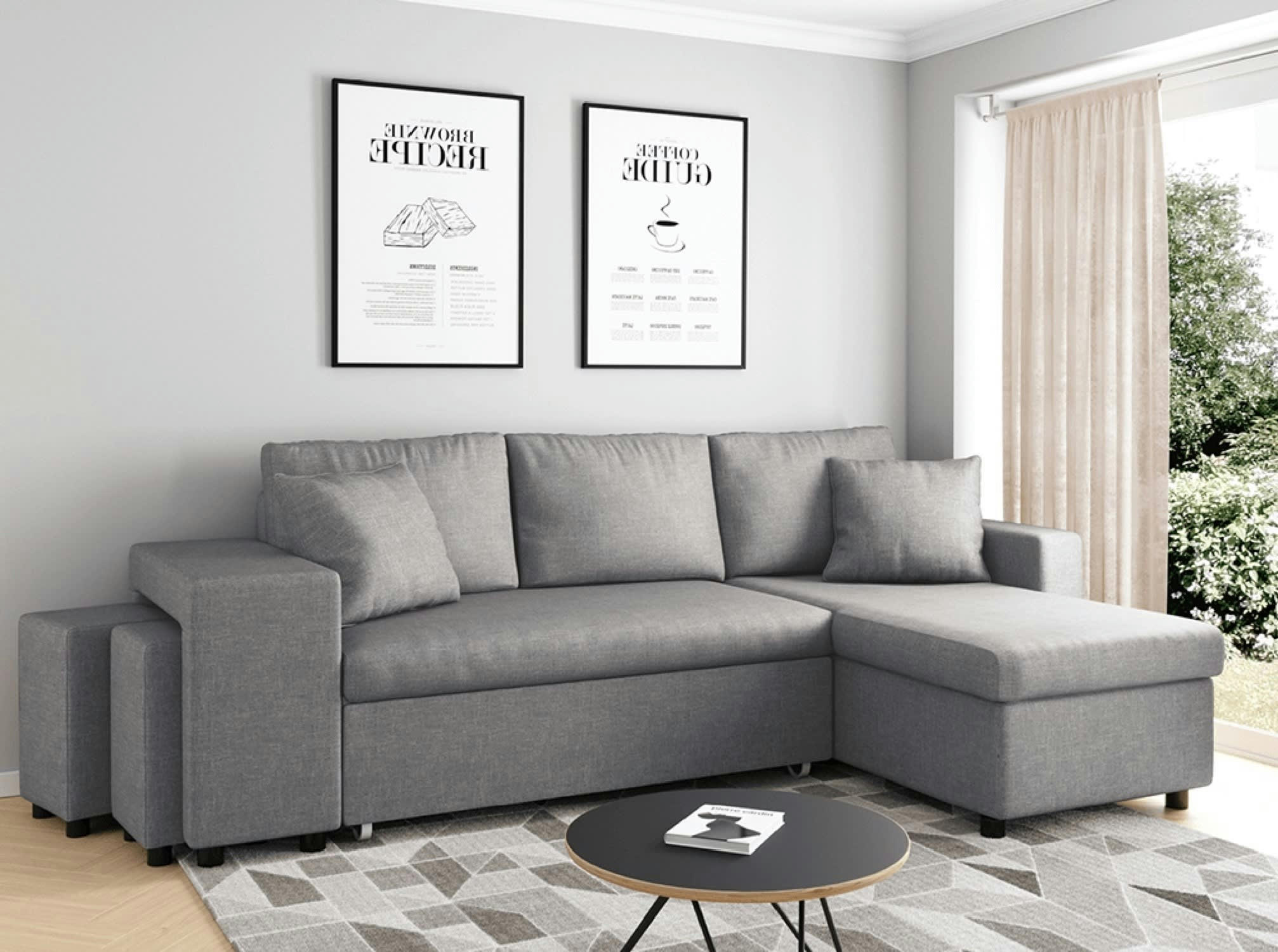 OSLO - Canapé d'angle convertible gris clair avec rangement poufs à droite