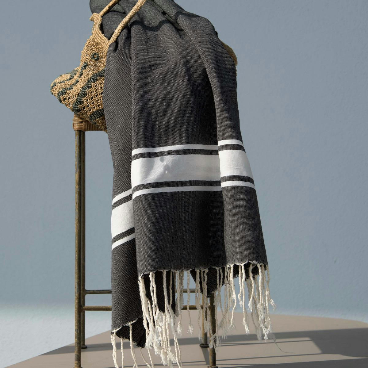 ST TROPEZ - Fouta bande blanche coton  100x200 bleu jean