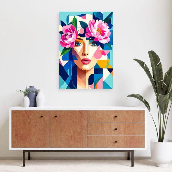 Obraz do salonu sypialni, Kobieta z kwiatami w stylu Bauhaus 20x30