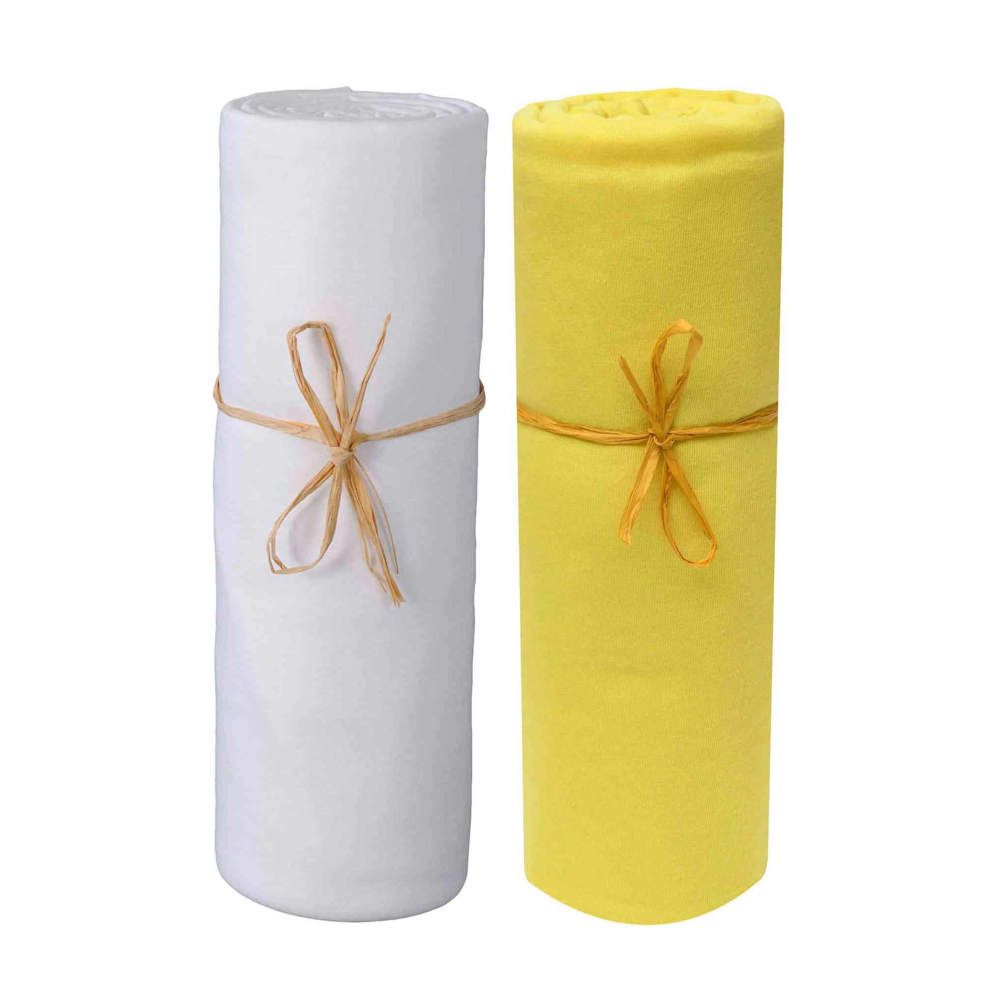 - Lot de 2 draps housses jersey bio blanc et jaune or 70x140