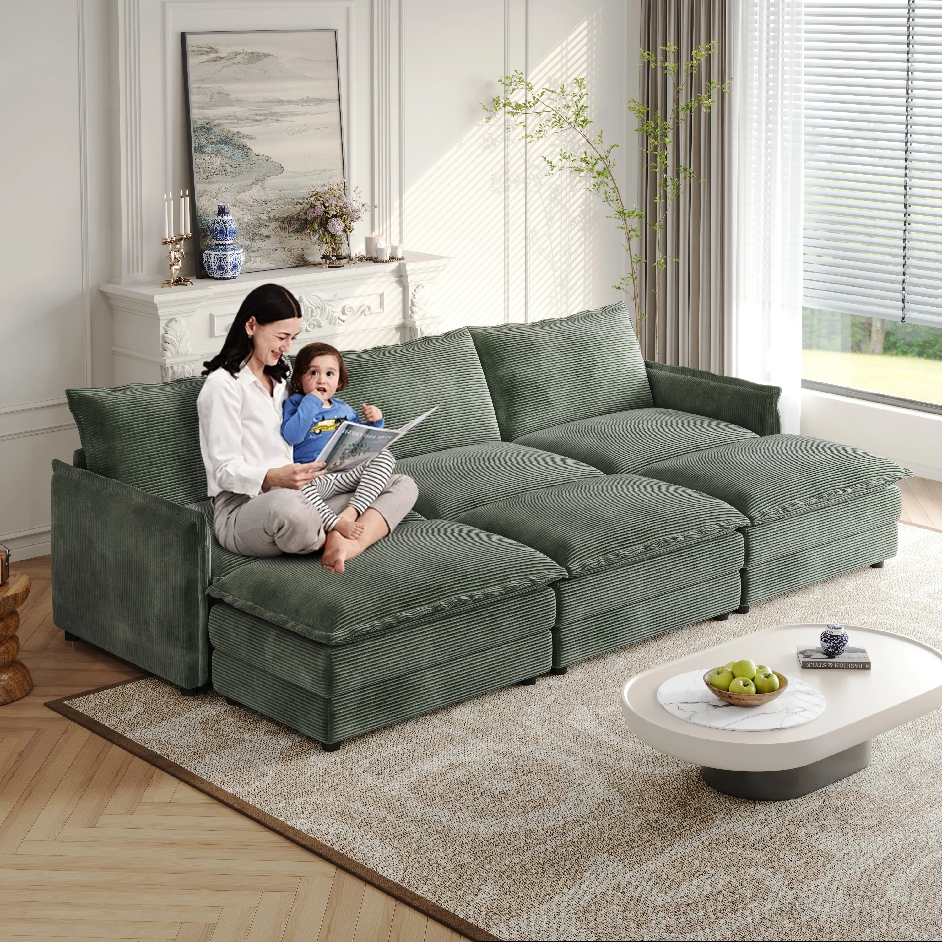 109 Corduroy 3-Seater Cloud Sectional Sofa with 3 Ottomans