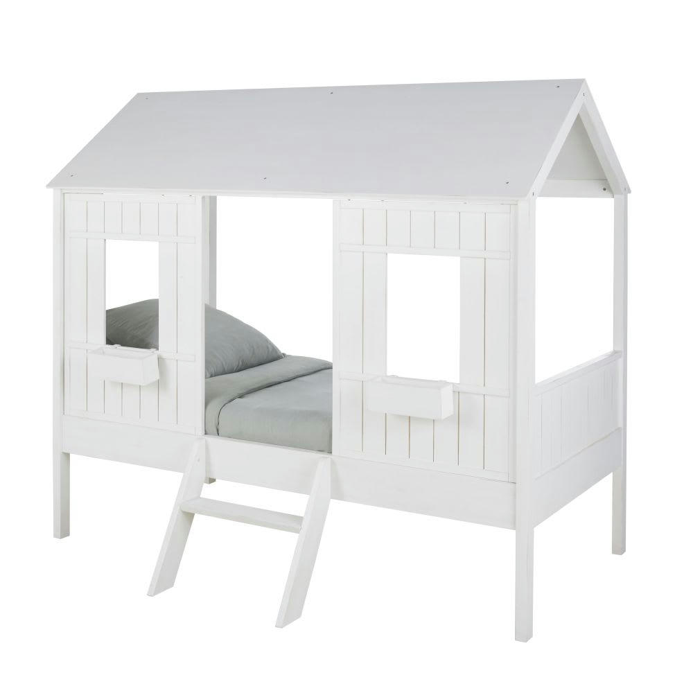 Salie - Lit cabane avec sommier à lattes en bois d'épicéa blanc 90x190