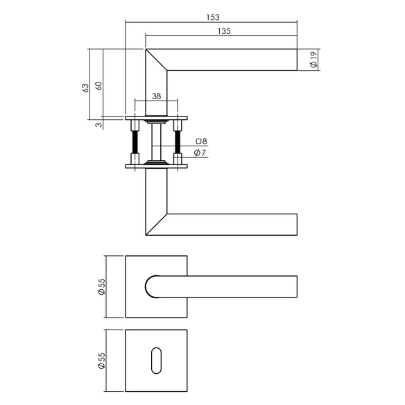 Türdrücker, 55x55x3 mm BB-Rosetten Recht 90 Grad