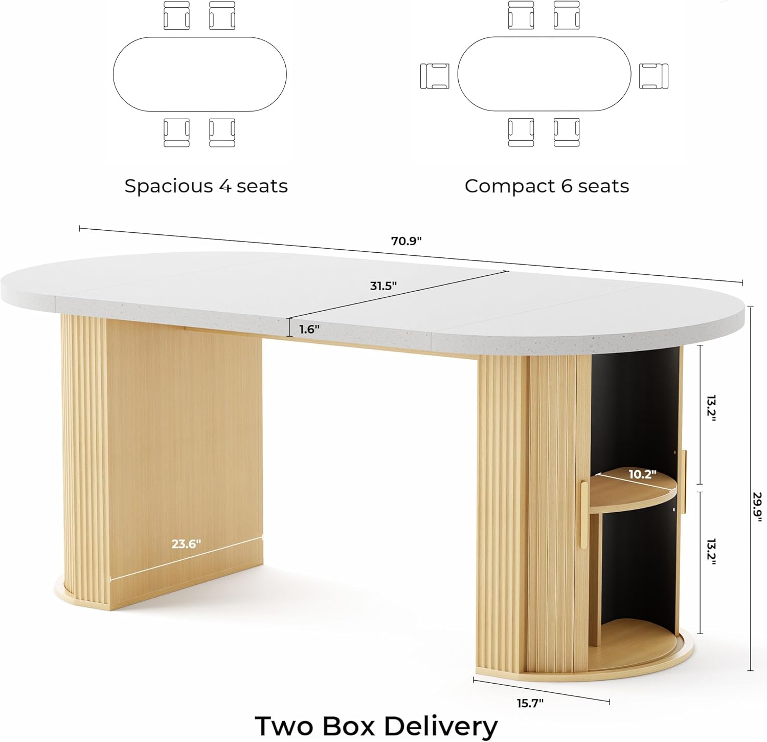 IRONCK 71 Oval Dining Table for 4-6 with Hidden Storage, Modern Farmhouse Kitchen Table with Fluted Semi-Cylindrical Legs, Faux Quartz Top for Dining Room, Kitchen, Living Room & Home Office (Oak)
